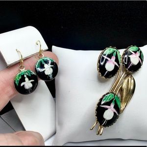 🌺Vintage Gold Porcelain Earrings & Brooch